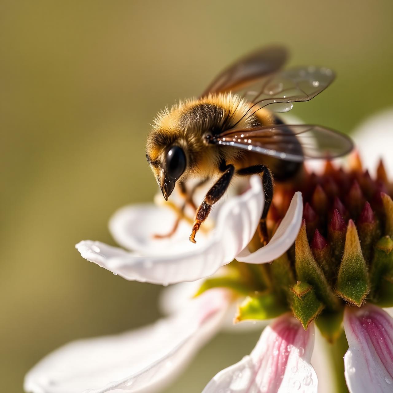 Extreme close-up of a honeybee gathering nectar on a dewy white Irish wildflower in soft natural light.