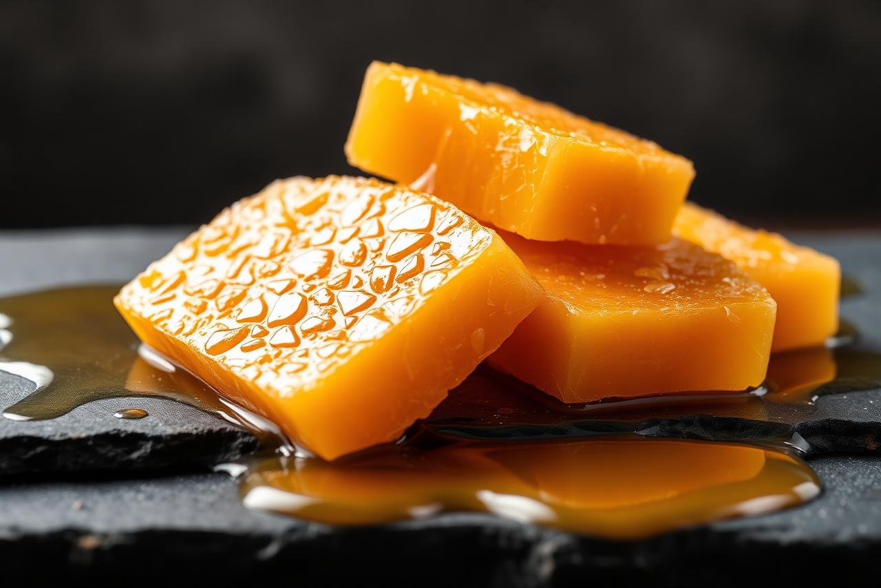 Slices of golden honeycomb with raw honey pooling around them on a dark slate board.