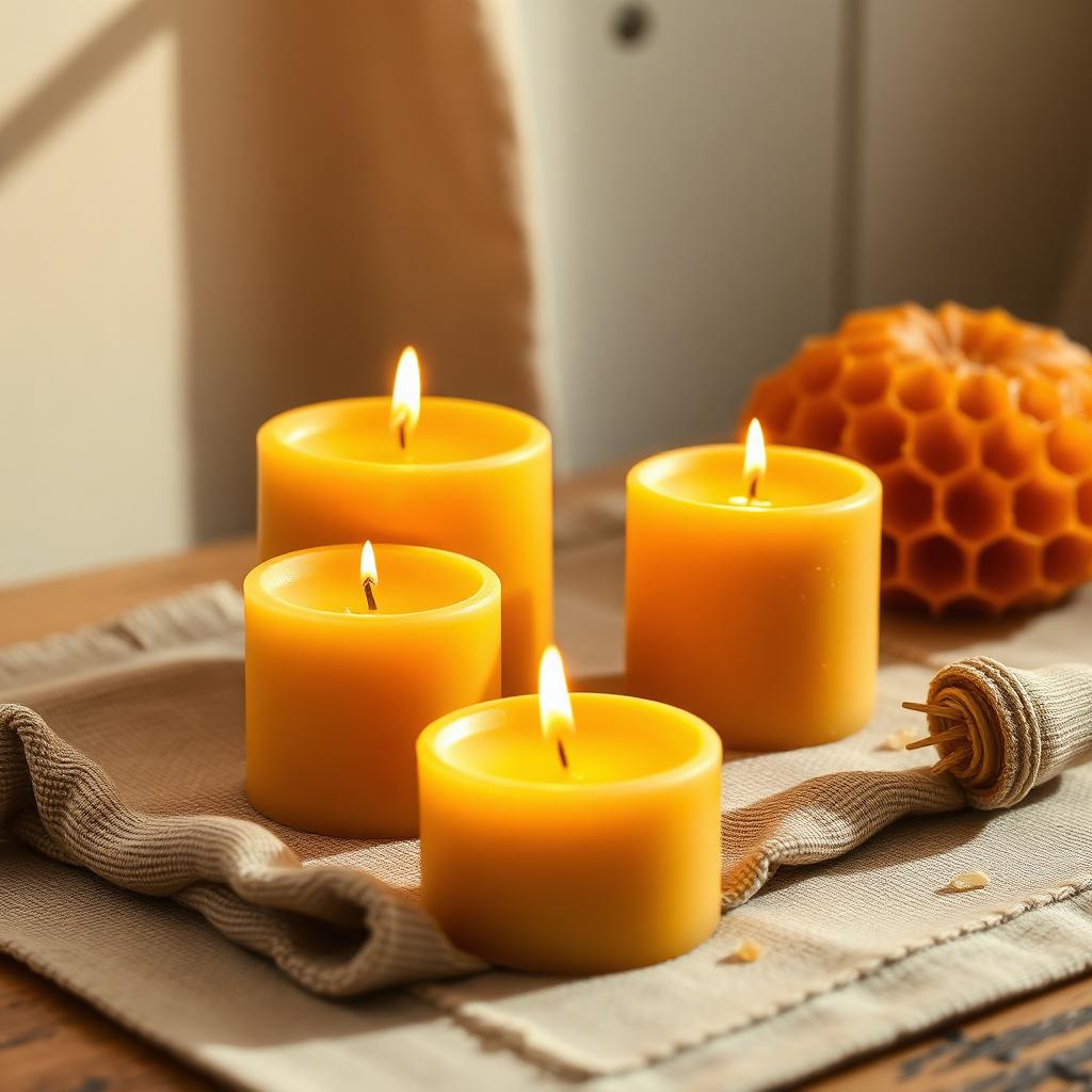 Four hand-poured golden beeswax candles burning softly on a linen cloth beside a piece of raw honeycomb.