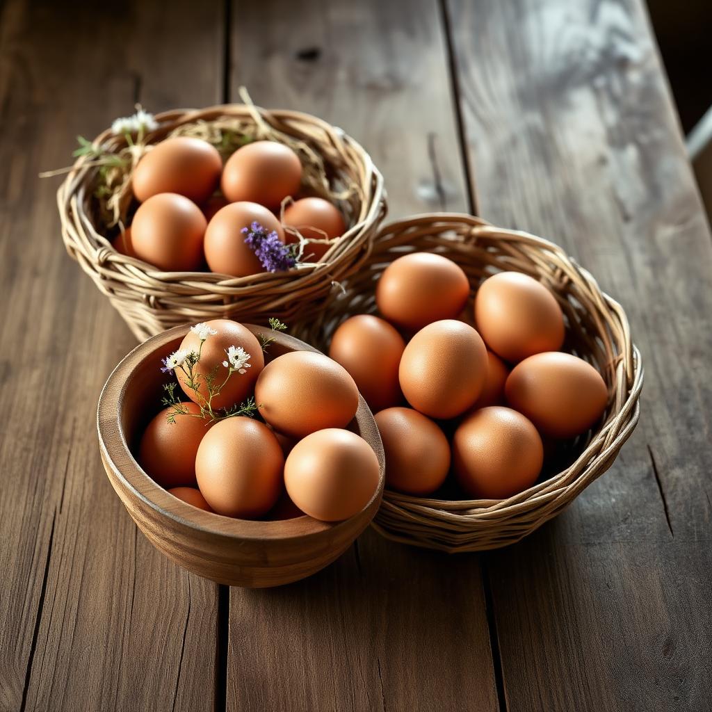 Baskets and a wooden bowl of farm-fresh brown free-range eggs with wildflowers on a rustic wooden table.