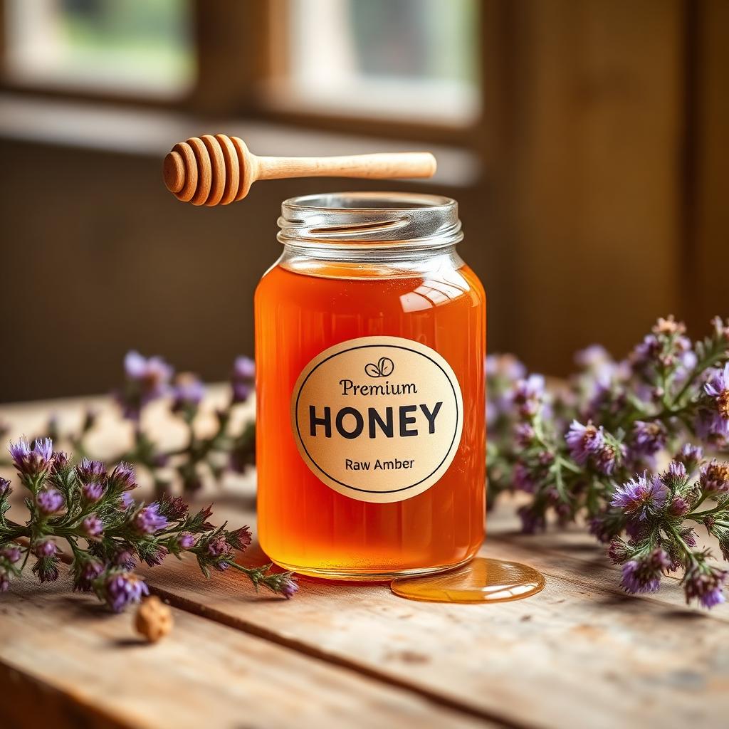 A clear glass jar of raw amber honey with a wooden dipper, sitting amongst sprigs of wild Irish purple heather blossom on a rustic table.