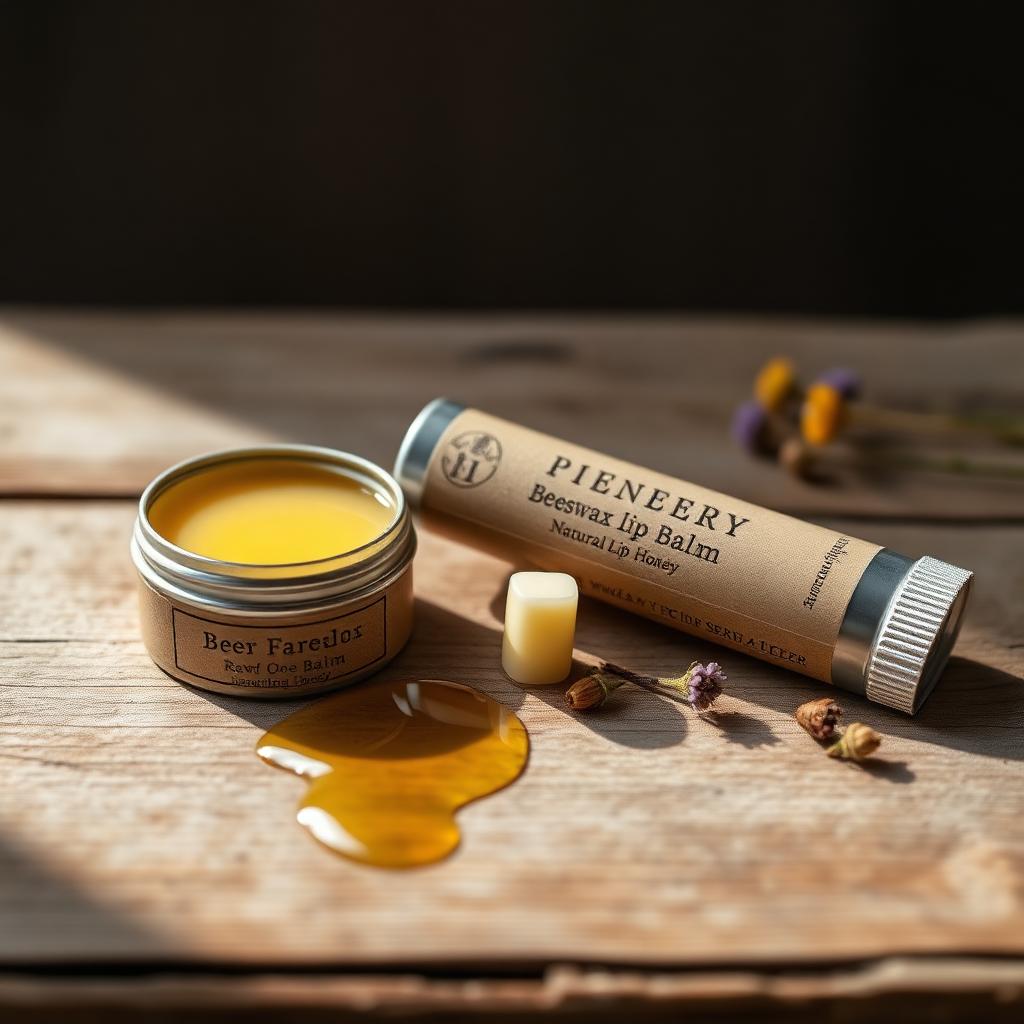 A small artisan tin of beeswax lip balm beside a tube, with a drizzle of raw honey and dried wildflowers on weathered wood.